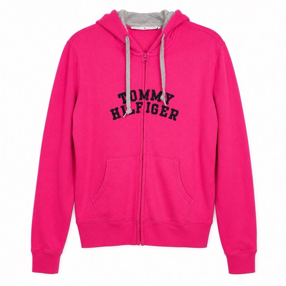 Tommy Hilfiger Y2K Hoodie Women XL Hot Pink Full Zip Spellout Preppy 2000s